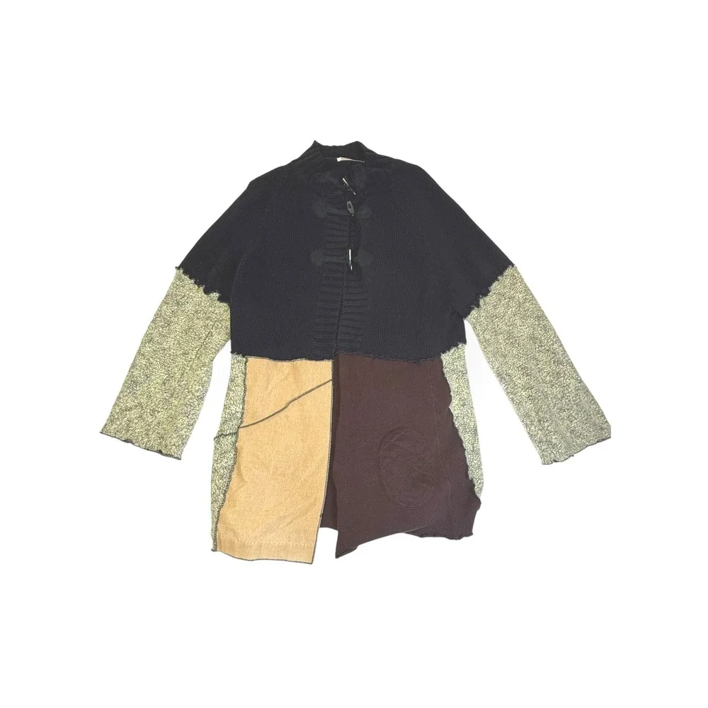 Old Navy Patchwork Boho‎ Cardigan Black Green Tan Mock Neck Long Sweater Sz S